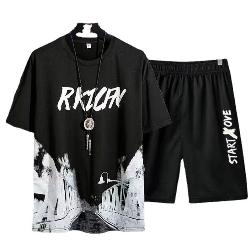 Camisa de manga corta pantalones cortos traje de estilo coreano más tamaño moda de tinta de moda pintura estilo nacional personalizado Comercio exterior Suministro Superior