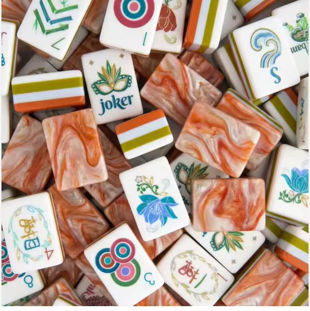 Four-layer color-blocked acrylic orange marble-style American mahjong tiles, hand-crafted, portable for travel and outdoor use
