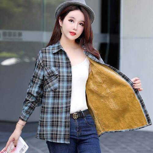 New fashionable casual velvet thick lapel plaid shirt loose slimming temperament all-matching long-sleeved coat top