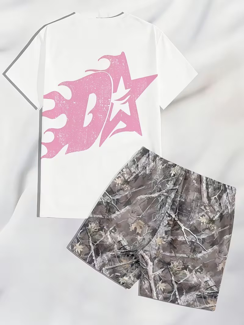 Fábrica de origen puede personalizar la impresión transfronteriza hip-hop manga corta pantalones cortos casuales set sueltos estilo americano diy