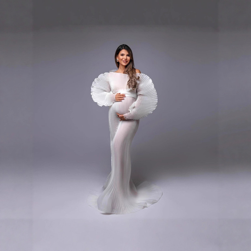 Aliexpress Amazon Hot-Selling New Pleated Slim-Fit Maternity Photo Shoot Big Belly Dress White Available in Various Colors