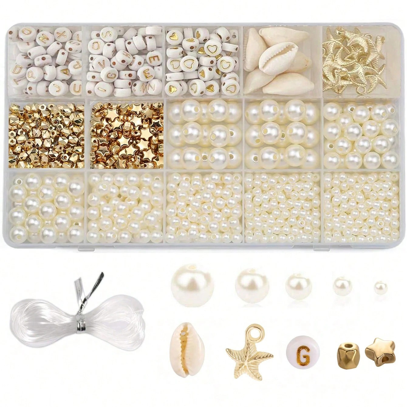 Cross-Border Hot Selling 12/15/24 Compartment Abs Imitation Pearl Box Set with Gold Spacer Beads, Shell, and Starfish DIY Jewelry Accessories