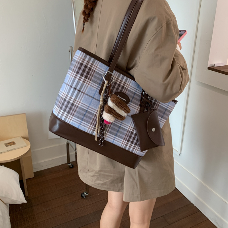 韩版休闲大容量腋下包包女2025新款格纹手提托特包时尚单肩通勤包|undefined