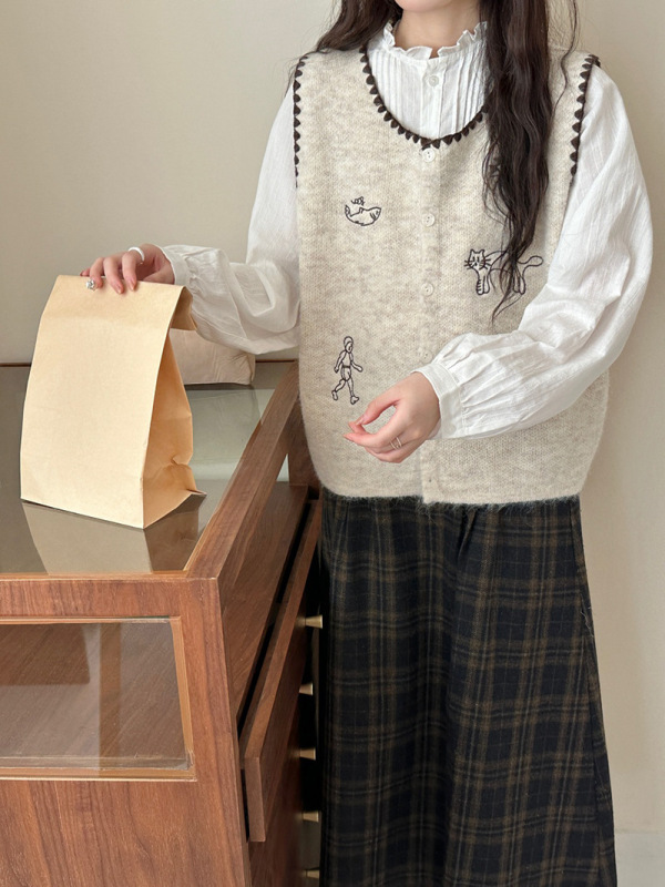 韩系卡通刺绣无袖针织马甲背心女秋冬减龄显瘦叠穿马夹上衣女潮|undefined