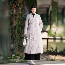 新中式V领斜襟流苏纯色冬季新款加厚保暖长款文艺范复古风女棉衣