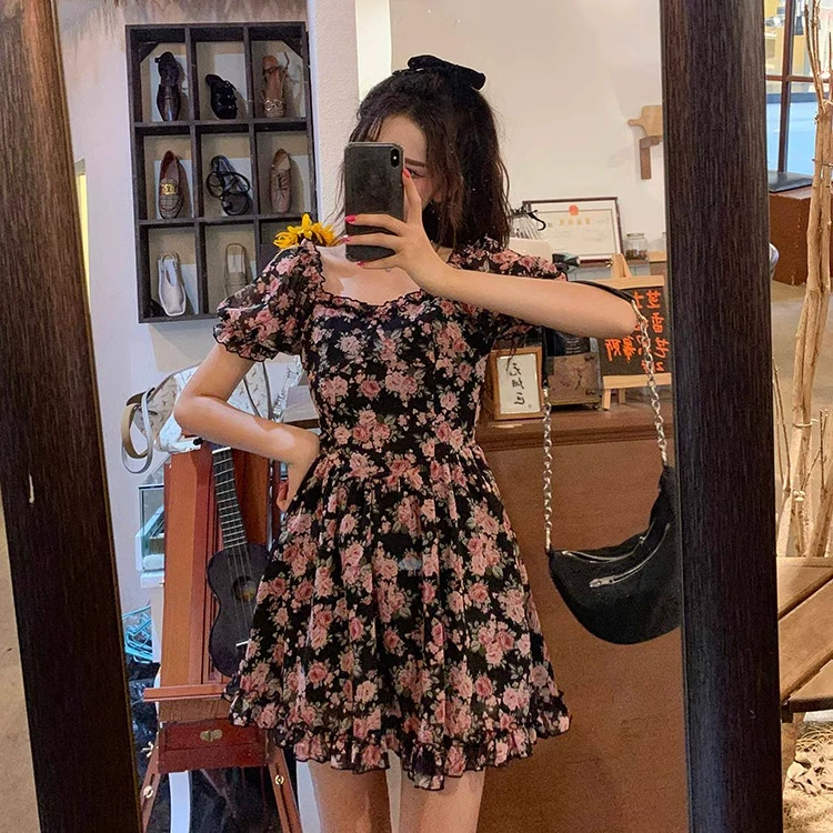 (Шифон) Pure Desire Rose Новое темное платье с цветочным принтом и квадратным вырезом с пышными рукавами Юбка Pure Desire