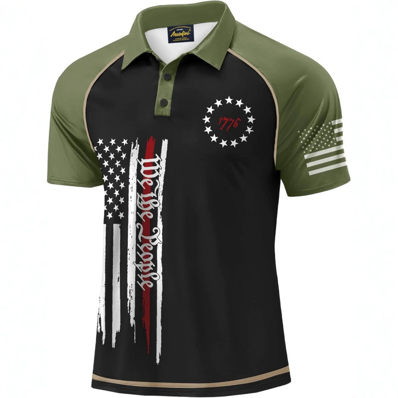 Mainfini Men's Patriotic Polo Shirt Stretch Upf 50+ Short Sleeve Raglan Sleeve American Pattern Golf