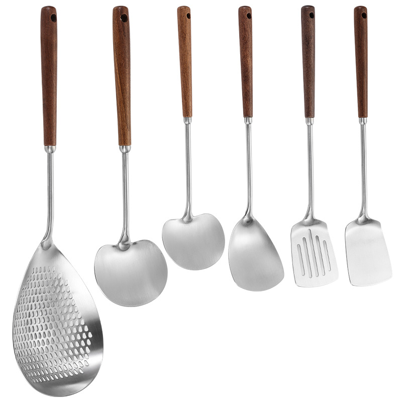 Paleta de acero inoxidable 304 utensilios de mango de madera para el hogar, colador de alta temperatura, juego de utensilios de cocina, cuchara de sopa, suministros de cocina