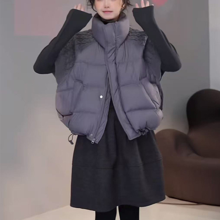 American-Style Stand-Collar Knitted Sleeve Patchwork down Vest for Women, 2025 Autumn and Winter New Loose-Fitting Slimming White Duck down Half-Sleeve Jacket