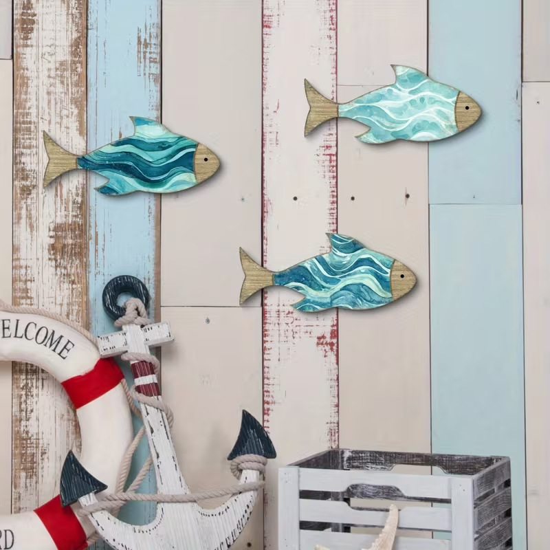 Nordic Bathroom Wall Decor Set, Multi-Piece Wooden Sign, Coastal Wooden Wall Decoration, Nautical Decor, Hanging Sea Fish