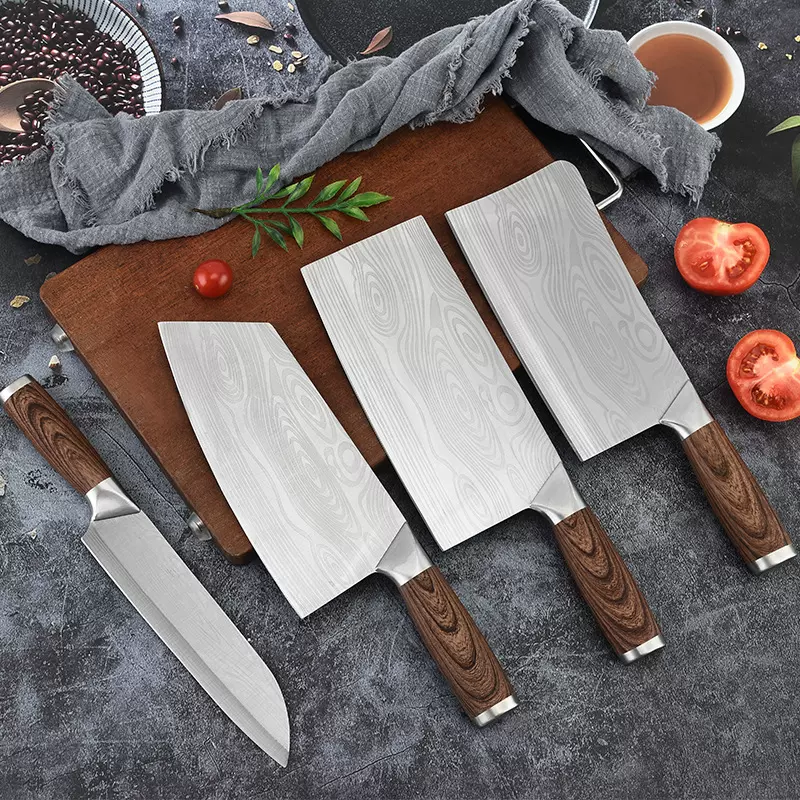 大马士革纹橡塑柄尖头菜刀厨房切片刀斩骨刀工厂现货不锈钢厨师刀