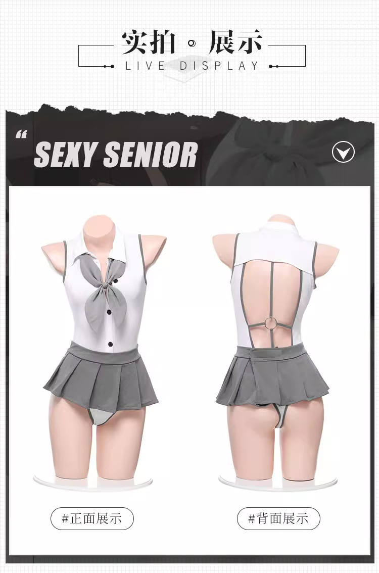 Sailor Role-Play Lingerie Set with One-Piece Skirt and Black Open-Crotch Stockings — detail image 14