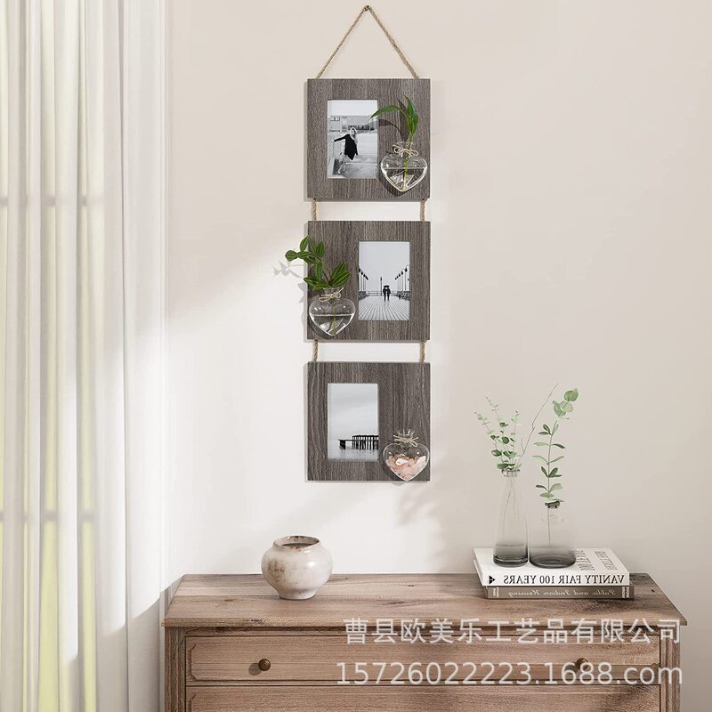 Wooden hanging photo frame 4*6 Mother's Day gift 3 open photo frame wood grain country farmhouse photo frame wall display frame