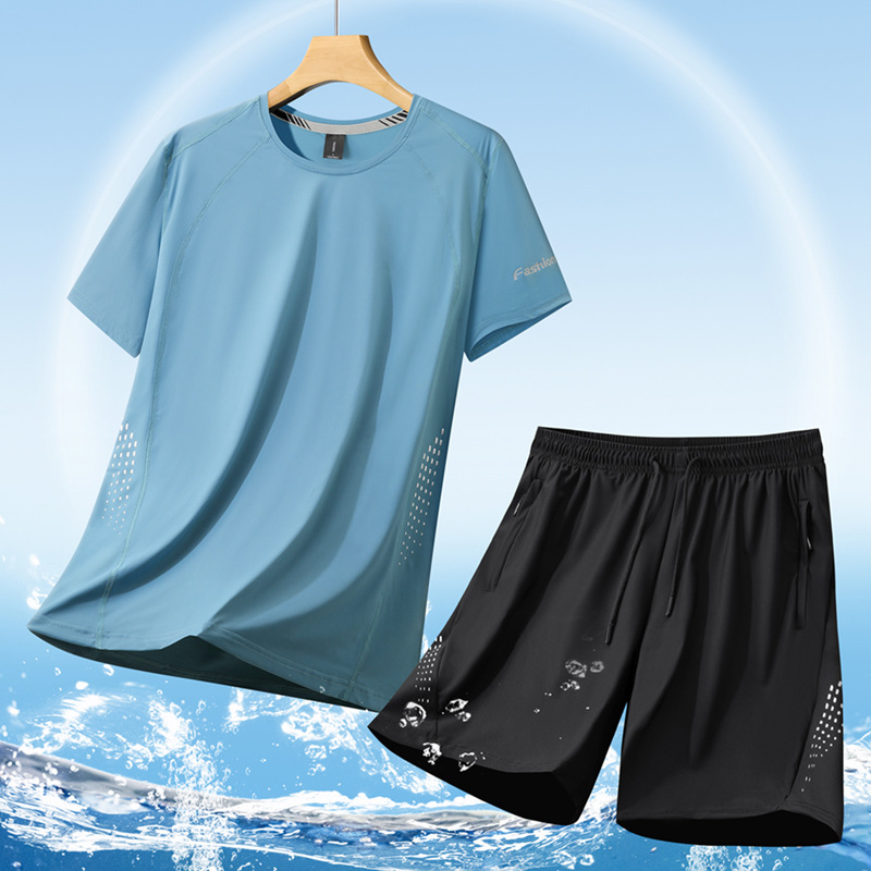 Large Plus Size Ice Silk Casual Sports suit Men's Fashionable Loose Short-sleeved T-shirt Loose Men's Shorts Two-piece Set