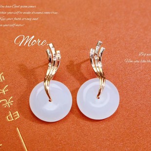 Fubei Diamond Jewelry [18K Gold Inlaid with Natural Hetian Mutton Fat White Jade Safety Buckle Earrings] Bare Stone about 14*14mm