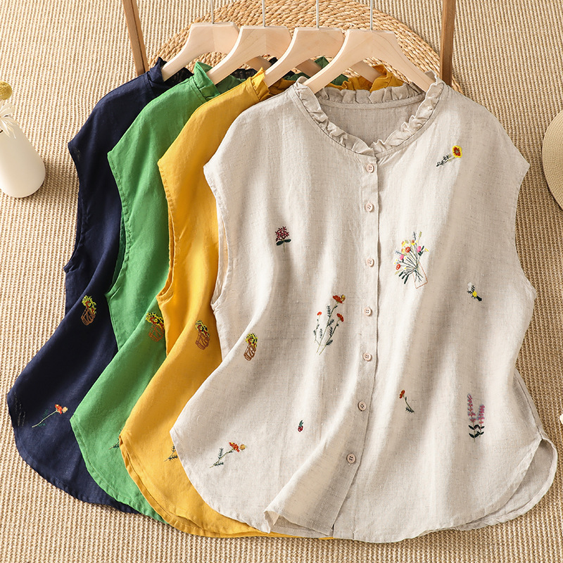 Real Shot of Cotton and Linen Sleeveless Ruffled Edge Vest for Women, New Summer Style Casual Loose Embroidered Top with Round Neck and Lace Trim Real Shot of Cotton and Linen Sleeveless Ruffled Edge Vest for Women, New Summer Style Casual Loose Embroidered Top with Round Neck and Lace Trim