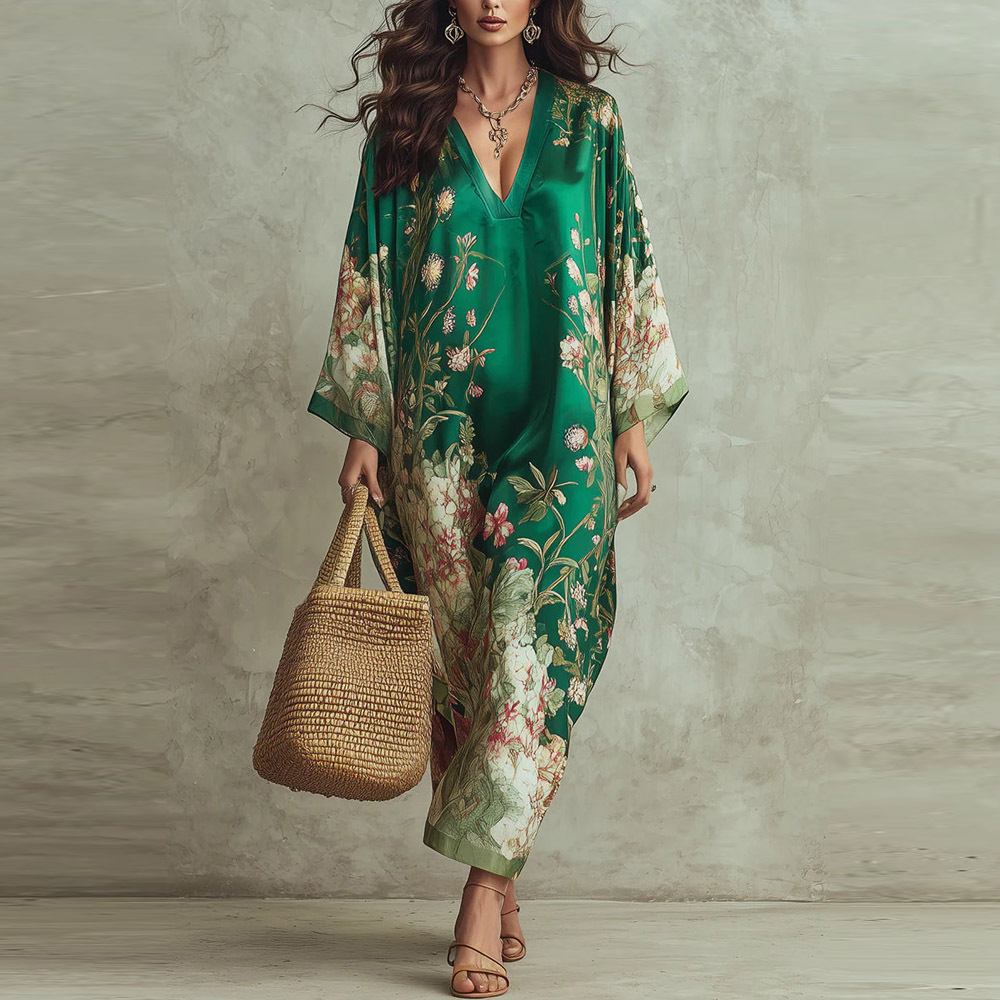 European and American Cross-Border 2026 Spring/Summer New Arrivals, Popular on Independent Websites, Deep V-Neck Printed Long Dress, Bohemian Style Dress