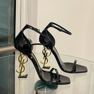 Patent Leather Sexy Sandals for Women 2023 Summer New Style with Letters Special-Shaped Heels Fashionable Women's Shoes European and American High Heels for Women