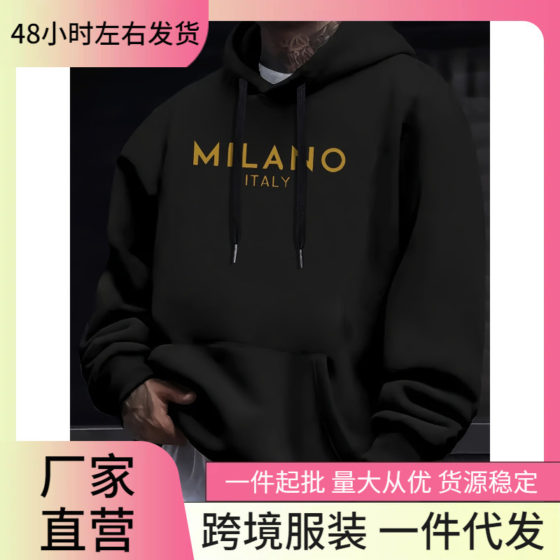 Men's Milan Italy Graphic Hoodie - Black Velvet Long Sleeve Sports Sweatshirt with Gold Print Autumn Men's Milan Italy Graphic Hoodie - Black Velvet Long Sleeve Sports Sweatshirt with Gold Print Autumn