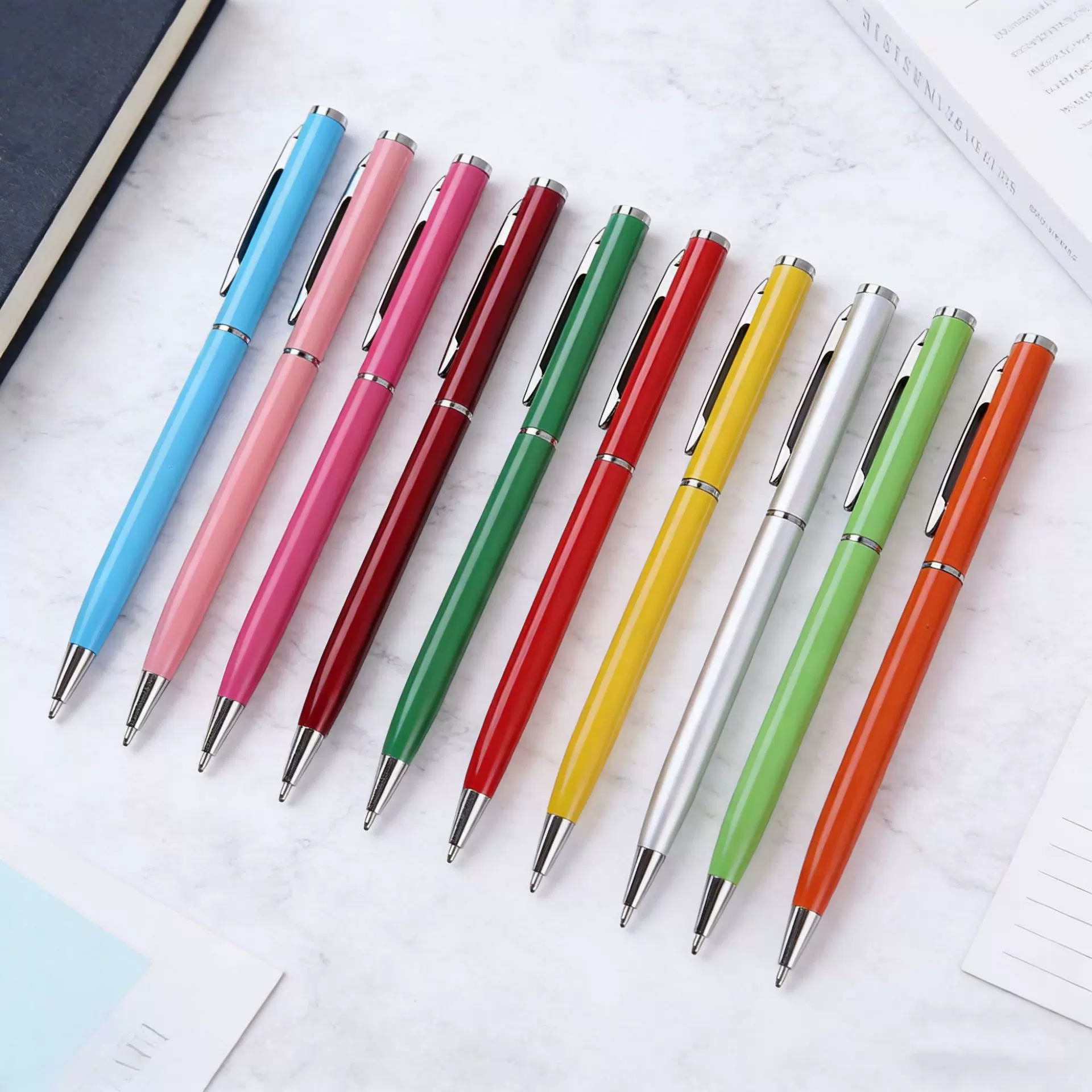 批发平顶小高士细杆金属圆珠笔印刷logo旋转广告礼品小西华中油笔