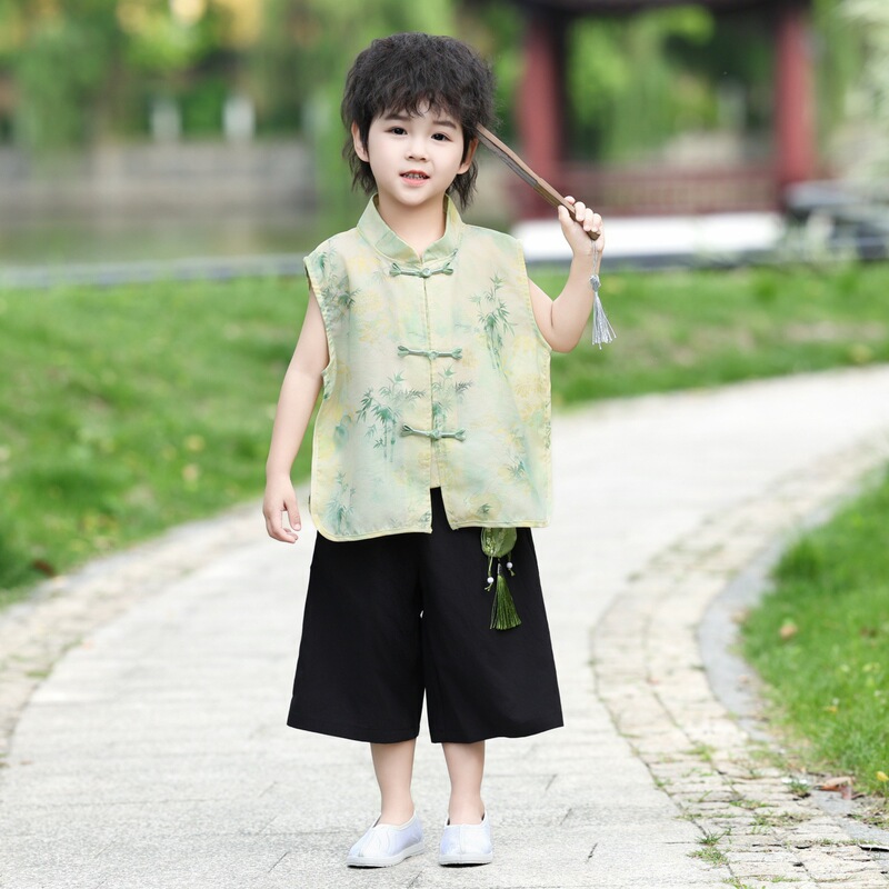 Children's Hanfu Boys' Summer Sleeveless Set, Thin New Chinese Style Tang Suit Two-Piece Outfit for June 1St Performance Children's Hanfu Boys' Summer Sleeveless Set, Thin New Chinese Style Tang Suit Two-Piece Outfit for June 1St Performance