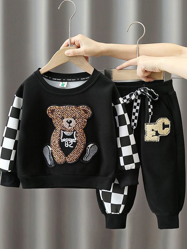 3992 Traje de primavera y otoño para niños, estilo occidental 2025, nuevo niño, otoño, rojo, suéter de oso, traje de dos piezas para niños