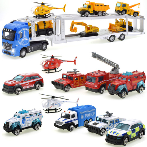 Simulated Construction Vehicle Transport Alloy Car Police Fire Truck Set Excavator and Bulldozer Children's Toy Wholesale