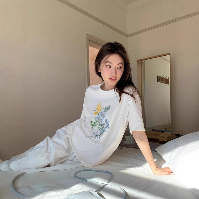 300kg plus size chubby girl fun plant printed short sleeve T-shirt women's spring and summer new loose cotton crew neck top tide