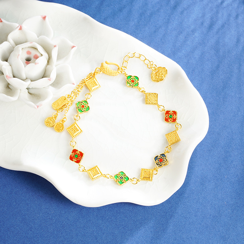Brazalete de oro de arena de Vietnam nuevo estilo chino diamante esmalte Ping An feliz koi rosas joyerías de bloqueo fuente al por mayor