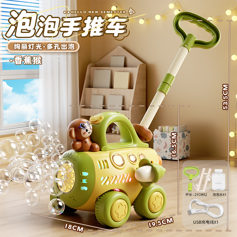 Nuevo divertido niño de dibujos animados manual de empuje pequeño ciervo máquina de burbujas al aire libre empuje manual luz eléctrica juguete de burbujas