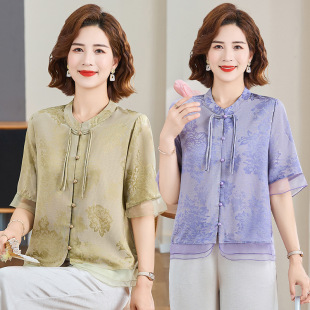 Mom's Summer T-Shirt Chinese Style Short-Sleeved Shirt 2025 New Middle-Aged and Elderly Women's Fashionable Age-Reducing Tops and Small Shirts