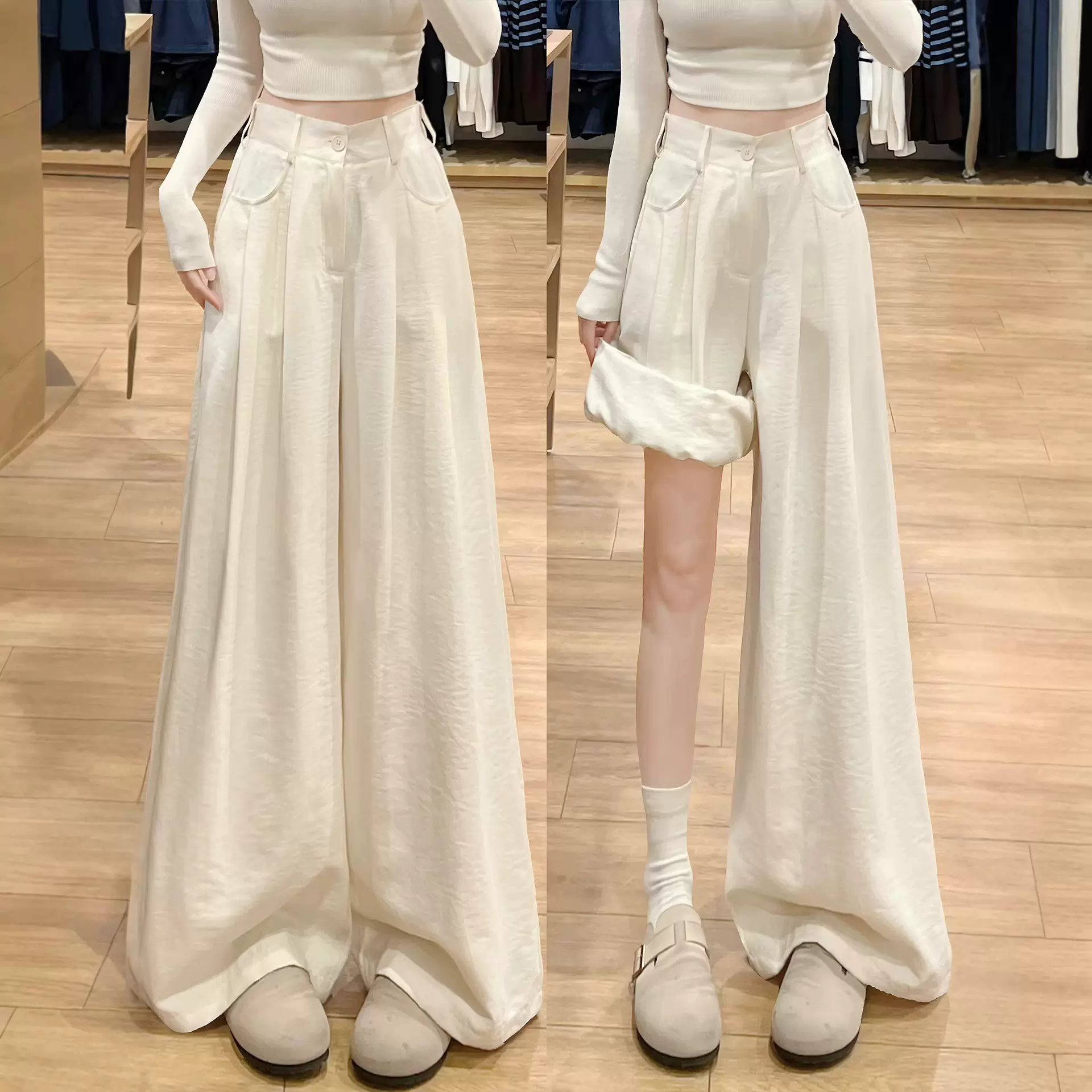 米白色奶芙西装裤女春夏季2026年新款高腰宽松垂感休闲阔腿裤