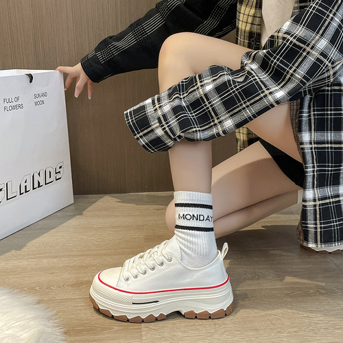 Spring new canvas shoes for women, Hong Kong style fashionable white shoes for students, thick-soled sneakers, casual and versatile ins shoes