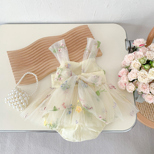  Girls Korean Style Suspender Jumpsuit Infant and Toddler Embroidered Cover Butt Mesh Princess Dress Newborn Hundred Days Dress