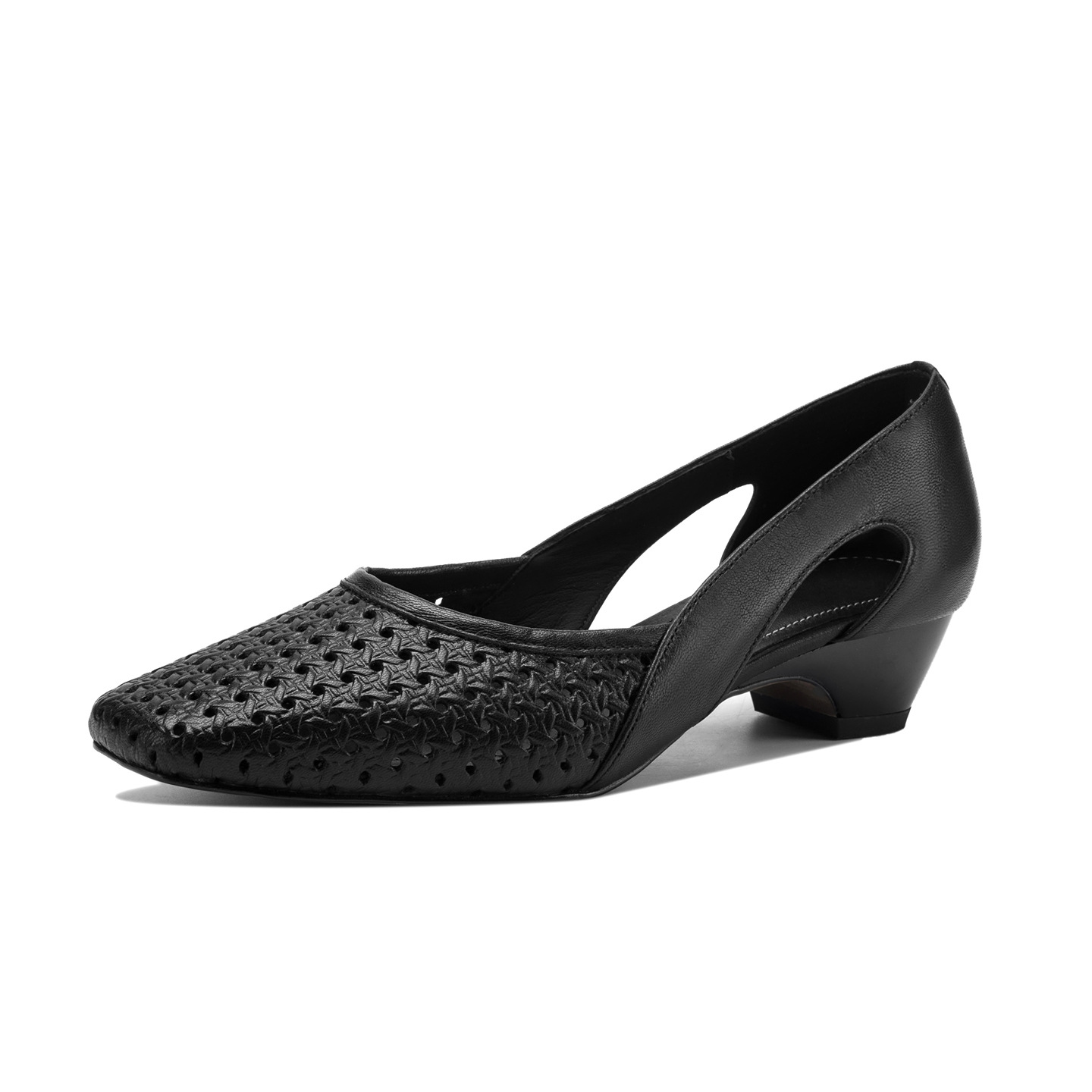 Giày sandal nữ mũi vuông gót thấp 3,5 cm da cừu đục lỗ hở mũi — đen chi tiết 23