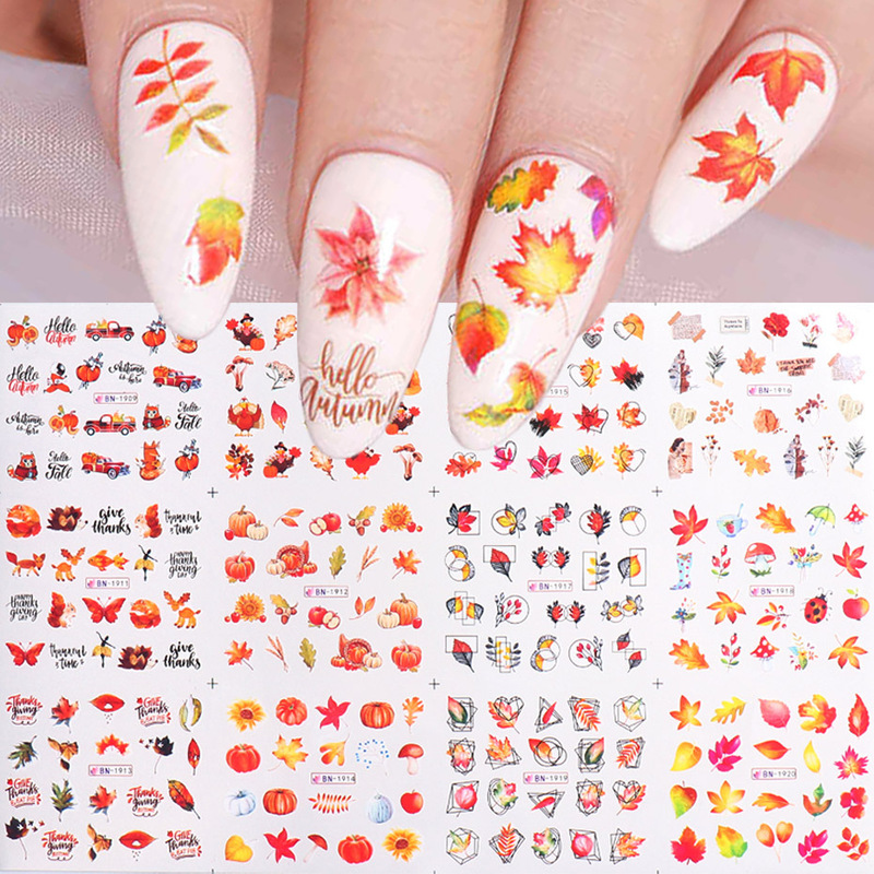 Cross-border new nail stickers ins Autumn Maple Leaf Art lines maple leaf pattern Thanksgiving watermark nail stickers