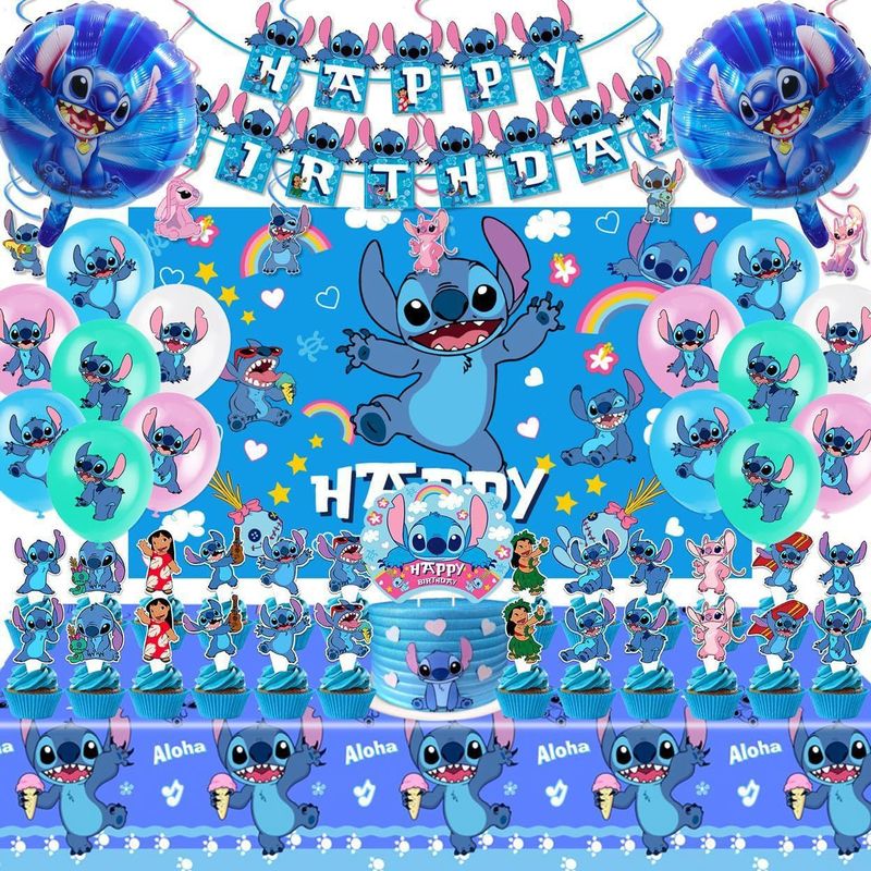 史迪仔主题生日派对拉旗桌布蛋糕装饰乳胶气球背景布史迪仔套装|undefined