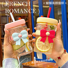 夏のシンプルなフラワーカップストロー付きコーヒーカップ女の子のための見栄えの良いリボンガラスウォーターカップギフトカスタマイズ