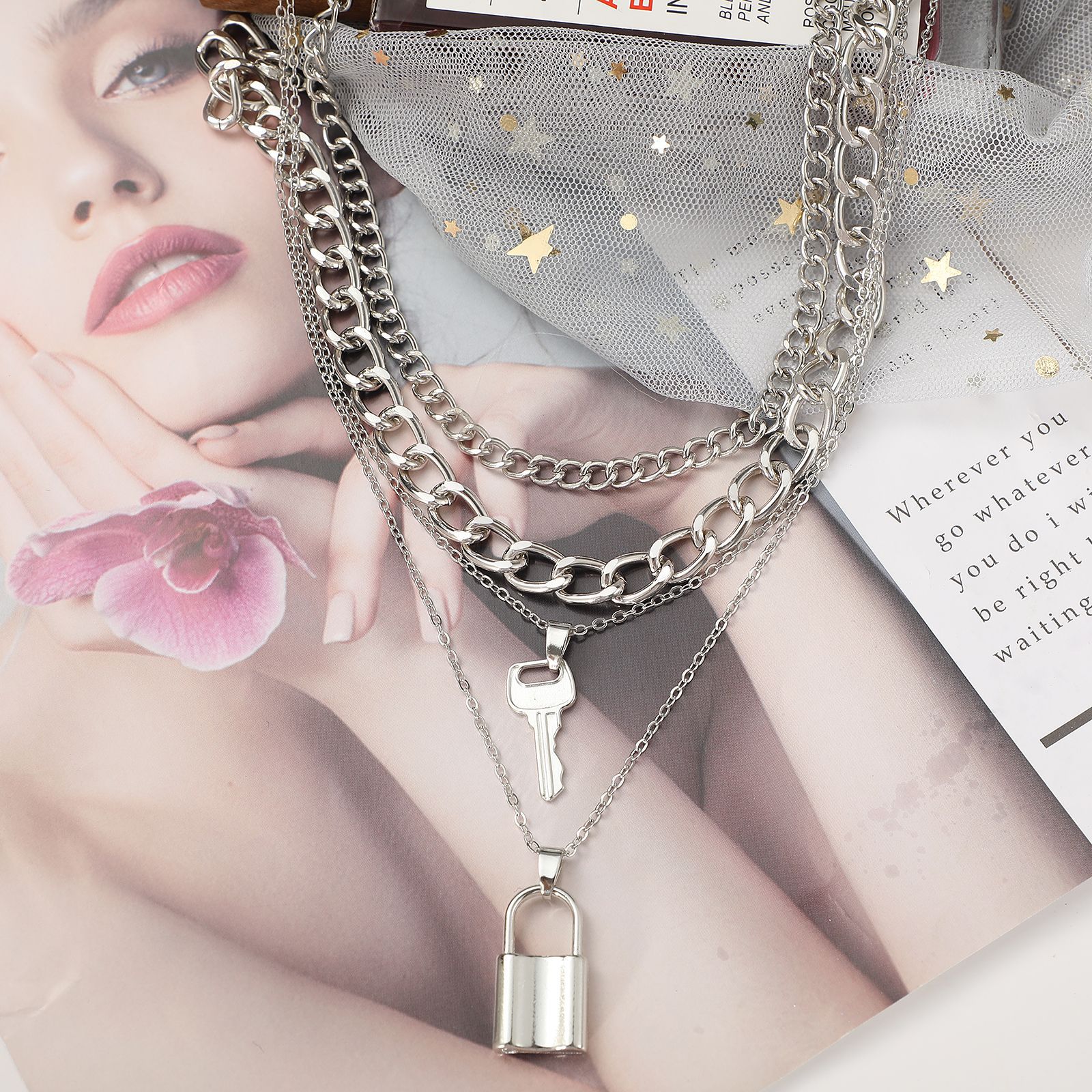 Personality Trend Thick Chain Creative Key Lock Pendant Four-layer Necklace display picture 5