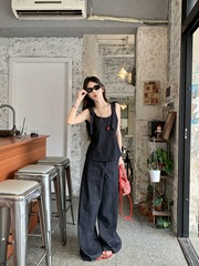 镂空系带露腰吊带上衣女夏2025新款韩系复古宽松显瘦阔腿裤两件套
