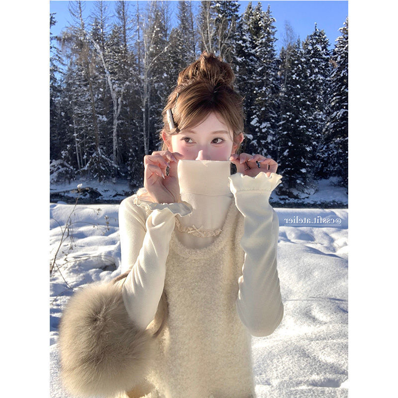 Korean Style Gentle Style High Collar White Bottoming Shirt for Women Autumn and Winter Fashion Vest Short Skirt Bottoming Shirt Two-Piece Suit