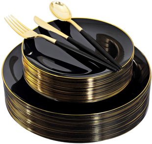 125-Piece Set Disposable Dinner Plate Hard Plastic Ps Black Gold Edge Plate White Dinner Plate Knife, Fork and Spoon Set Cross-Border