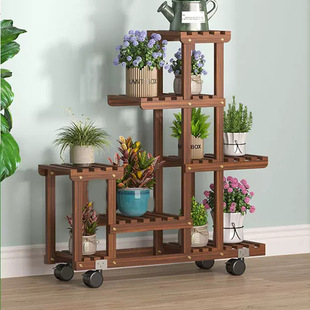 Indoor and Outdoor Solid Wood Flower Shelf Balcony Living Room Carbonized Anticorrosive Green Rose Fleshy Plant Shelf Floor Multi-layer