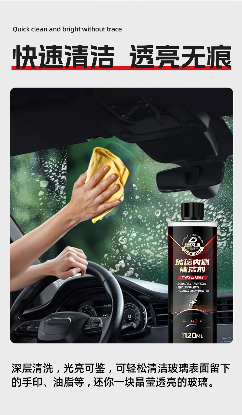 Debedi Glass Interior Cleaner: One Spray, One Wipe, Makes Car Glass Crystal Clear, Streak-Free, Quickly Cleans, Removes Stains, and Enhances Shine