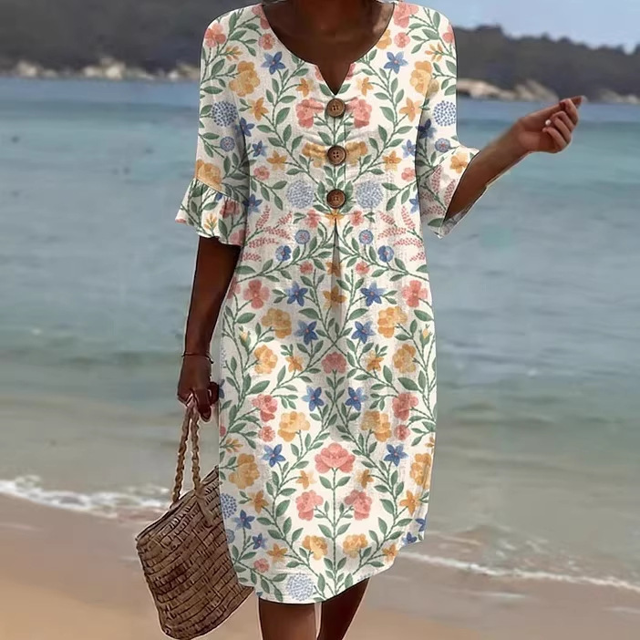European and American Style Fresh Pastoral Floral Print Mid-Length Dress with Five-Quarter Ruffle Sleeves, V-Neck, Buttoned, Loose-Fitting Vacation Dress European and American Style Fresh Pastoral Floral Print Mid-Length Dress with Five-Quarter Ruffle Sleeves, V-Neck, Buttoned, Loose-Fitting Vacation Dress