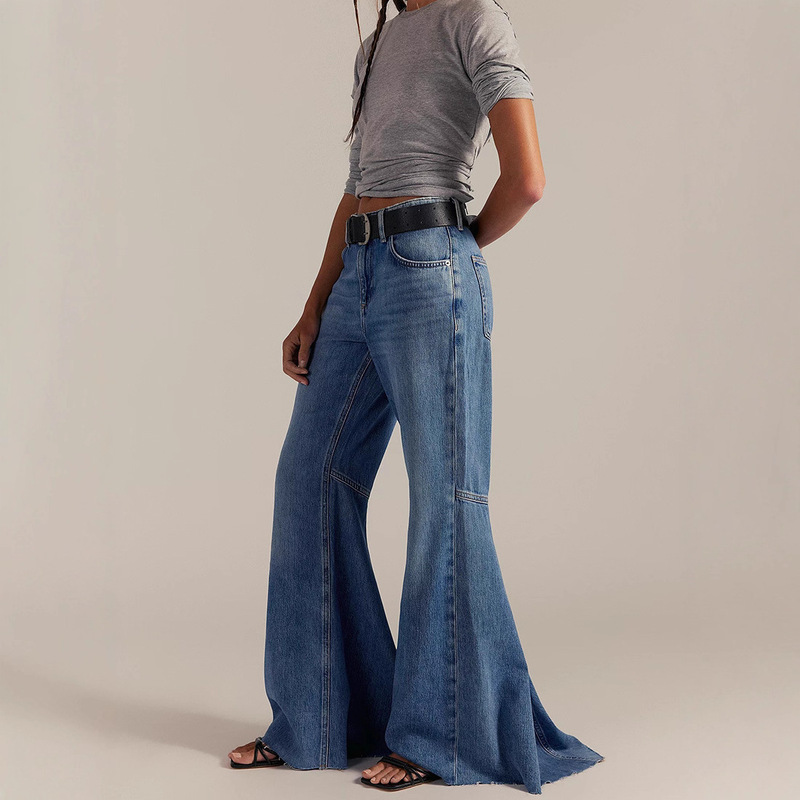 2025 Aliexpress Cross-Border Hot-Selling European and American Style Patchwork High-Waisted Slim-Fit Flared Floor-Length Denim Pants for Women