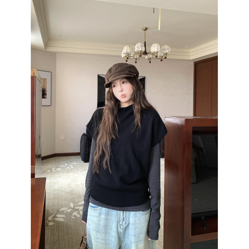 韩系辣妹叠穿短袖半高领休闲针织上衣修身褶皱长袖打底两件套女|undefined