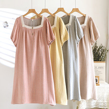 夏季薄款色织睡裙棉麻家居裙简约大方中长裙双层纱布女士短袖裙新