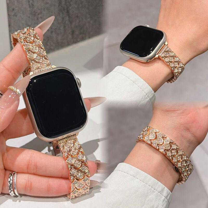 Suitable for Apple Watch S11, fish scale diamond-encrusted metal strap, Xiaomi Mi Band 10/9 Pro women's watch wristband Suitable for Apple Watch S11, fish scale diamond-encrusted metal strap, Xiaomi Mi Band 10/9 Pro women's watch wristband