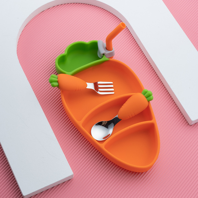 Carrot plate children's tableware suit 304 stainless steel spoon Fork silicone sucker bowl complementary food partition bowl drop-resistant